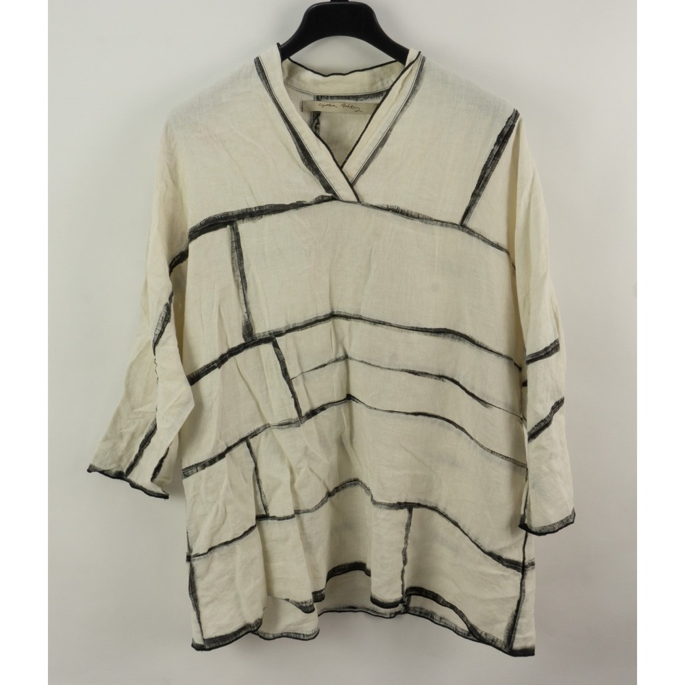 Cynthia Ashby Linen Geometric Lagenlook Tunic Top Womens Medium Ivory Black